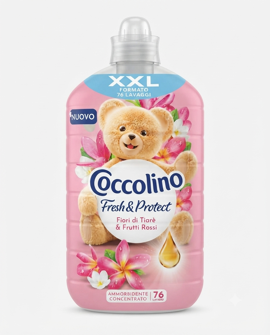Coccolino Fresh & Protect Fiori di Tiarè e Frutti Rossi ammorbidente 1750 ml, 76 lavaggi, freschezza protettiva.