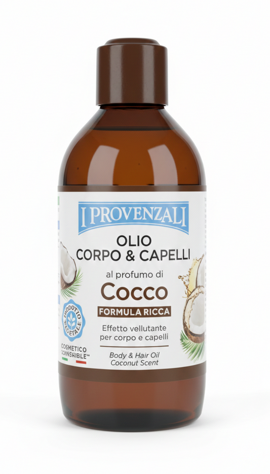 I Provenzali Olio Corpo e Capelli Profumo di Cocco 200ml – Effetto Vellutante e Idratante – Trattamento Naturale e Impacco Pre-Shampoo