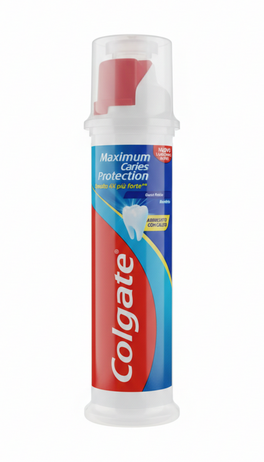 Colgate Maximum Caries Protection 100 ml, dentifricio con dispenser, formulato con fluoro e calcio liquido per una protezione dalle carie fino a 5 volte più forte.