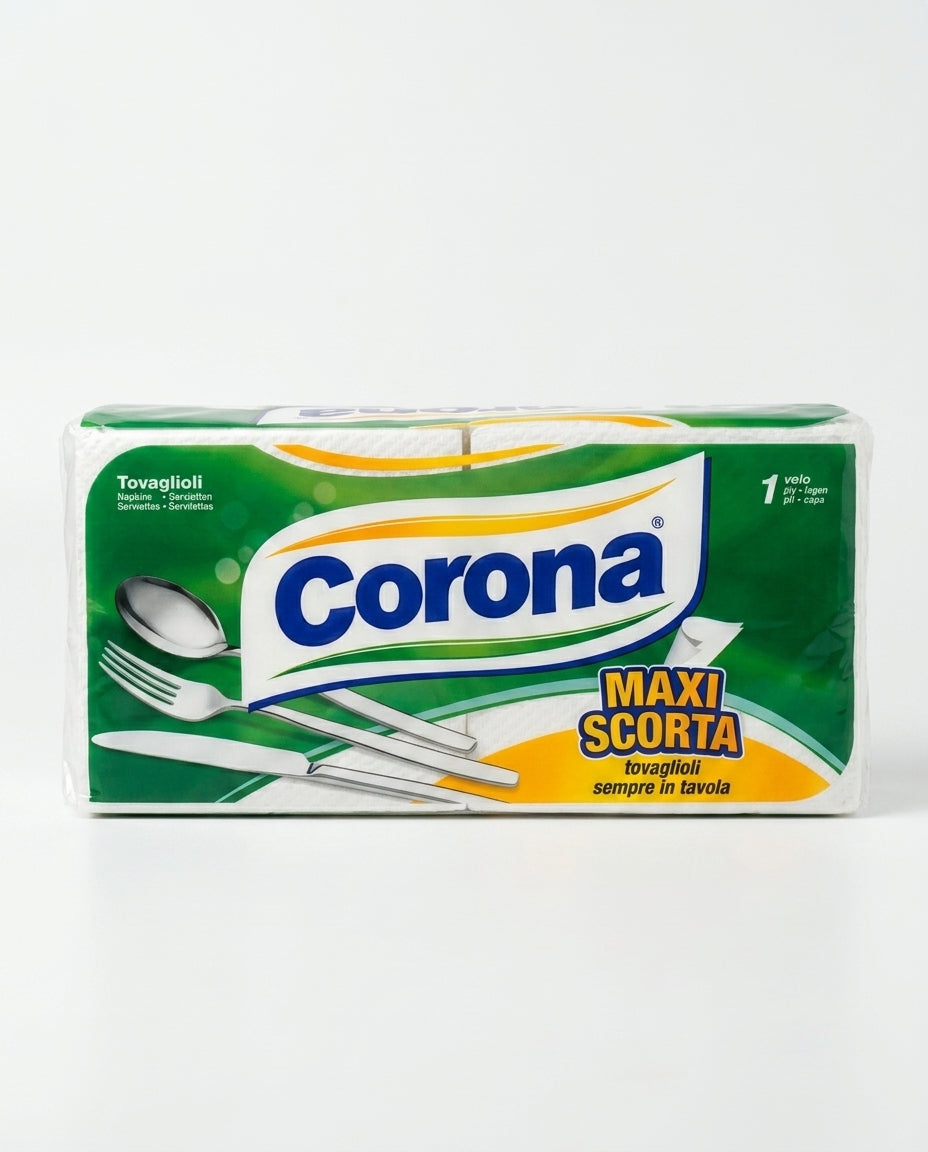Corona Tovaglioli Maxi Scorta 180 pezzi, tovaglioli in pura ovatta di cellulosa 33×30 cm, morbidi e resistenti, Made in Italy.