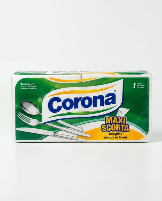 Corona Tovaglioli Maxi Scorta 180 pezzi, tovaglioli in pura ovatta di cellulosa 33×30 cm, morbidi e resistenti, Made in Italy.