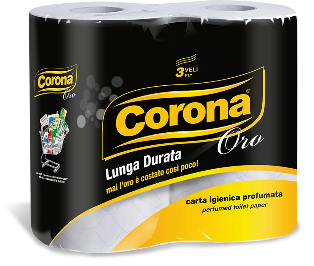 Corona Oro Carta Igienica 3 Veli 4 Rotoli, realizzata in 100% pura ovatta di cellulosa, con profumazione floreale e morbidezza premium effetto seta.