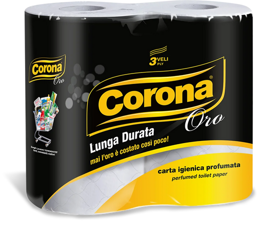 Corona Oro Carta Igienica 3 Veli 4 Rotoli, realizzata in 100% pura ovatta di cellulosa, con profumazione floreale e morbidezza premium effetto seta.