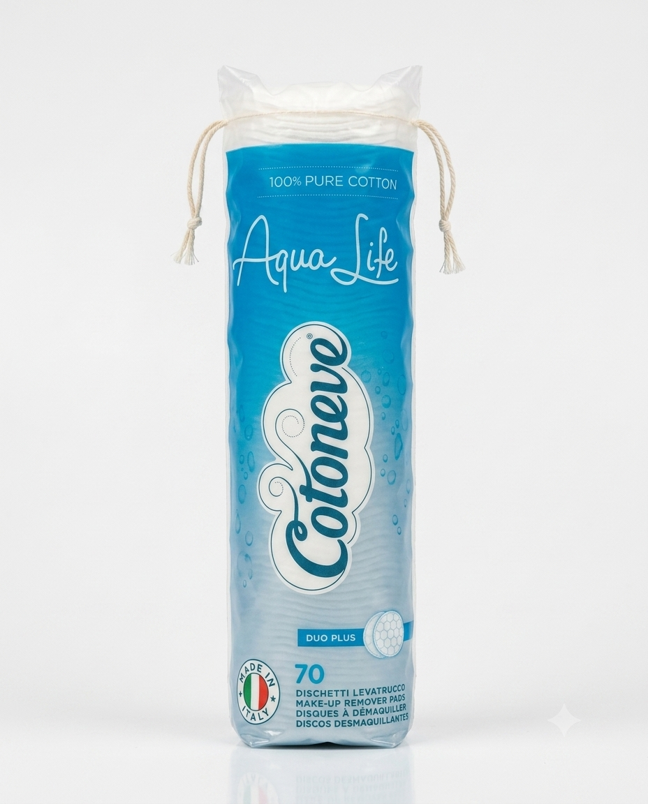 Cotoneve Aqua Life dischetti struccanti in 100% puro cotone a doppia texture nido d’ape Duo Plus per rimozione delicata del make-up.