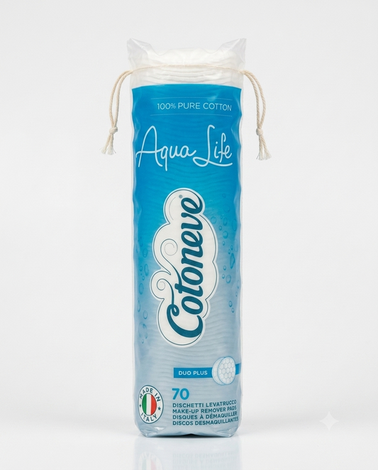 Cotoneve Aqua Life dischetti struccanti in 100% puro cotone a doppia texture nido d’ape Duo Plus per rimozione delicata del make-up.