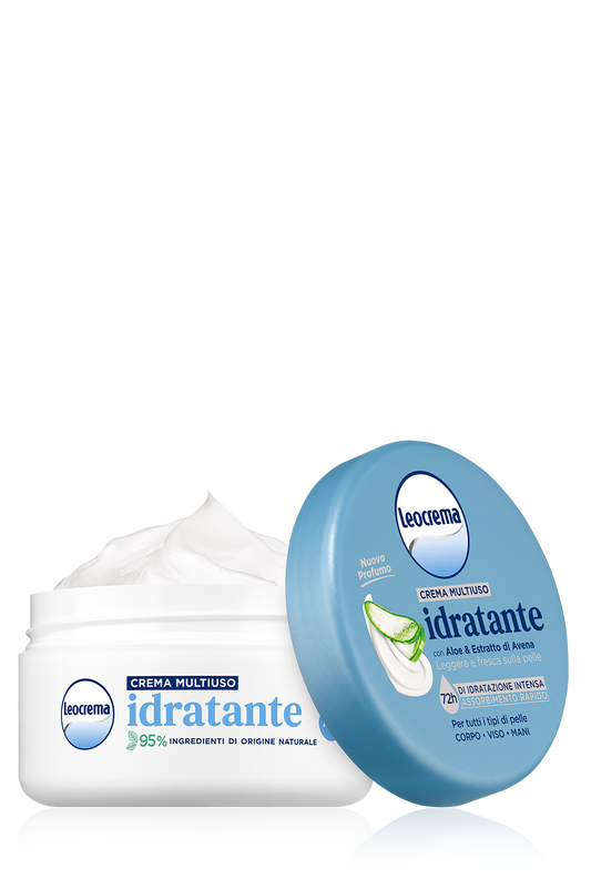 Leocrema Crema Multiuso Idratante 200ml | 72h Idratazione Intensa Viso, Mani e Corpo | Con Aloe & Estratto di Avena | 95% Ingredienti di Origine Naturale