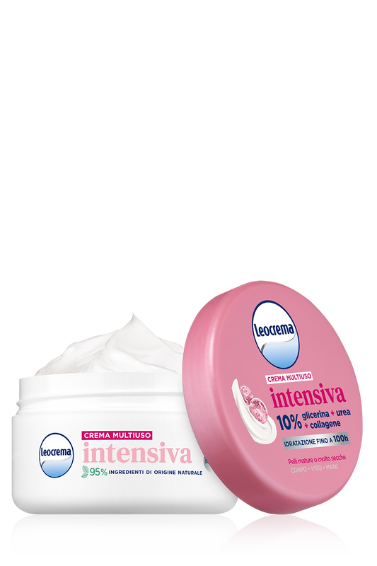 Leocrema Crema Multiuso Intensiva 250 ml, crema idratante con 10% glicerina, urea e collagene, offre fino a 100 ore di idratazione, nutre intensamente la pelle secca e lascia mani, corpo e zone più aride morbide ed elastiche.