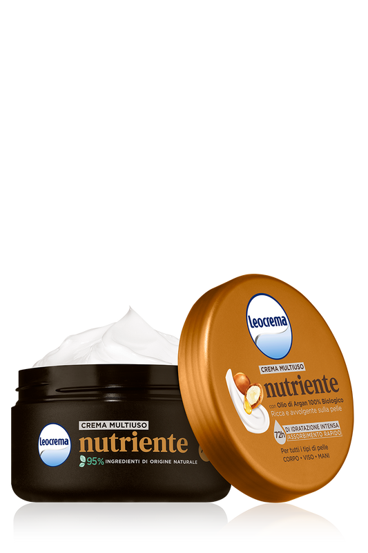 Leocrema Crema Multiuso Nutriente 200ml | 72h Idratazione Intensa Viso, Mani e Corpo | Con Olio di Argan 100% Biologico | 95% Ingredienti di Origine Naturale