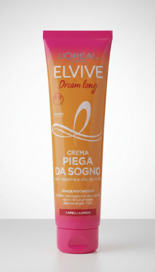 L'Oréal Elvive Dream Lengths Crema Super Blowdry 200 ml termoprotettore anti-crespo 72 ore con olio di ricino e vitamine protezione fino a 230°C per capelli lunghi secchi e fragili