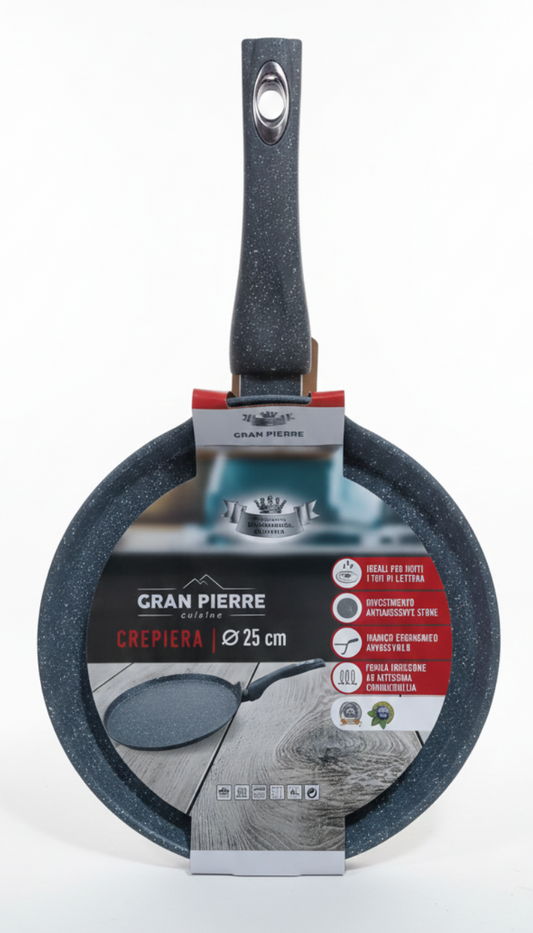 Crepiera Gran Pierre Stone 25 cm | Padella per Crepes Antiaderente Effetto Pietra | Fondo Induzione Universale