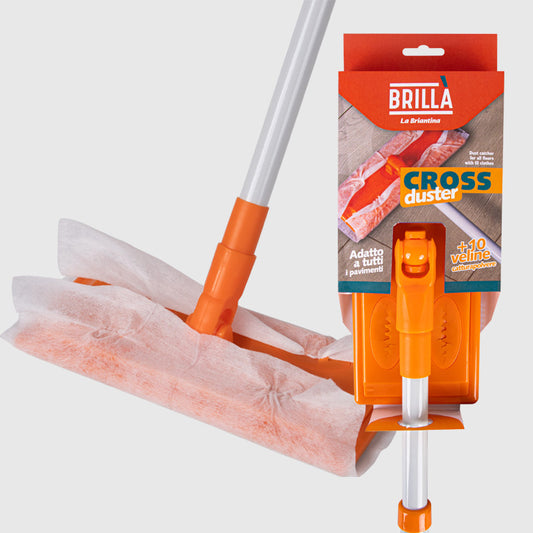 Briantina Attrezzo CROSS Catturapolvere Completo (10x25 cm) con 10 Veline | Base Snodata 360° Antiurto | Sistema Fissaggio Veloce | Adatto a Tutti i Pavimenti