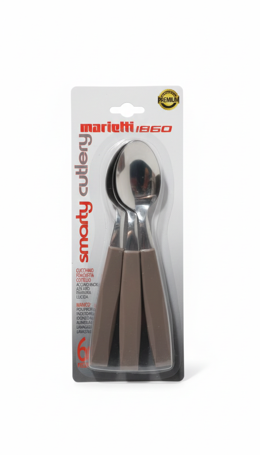 Marietti Smarty Set 6 Cucchiai da Tavola | Acciaio Inox di Alta Qualità | Manico Ergonomico Color Tortora | Design Moderno Resistente | Made in Italy