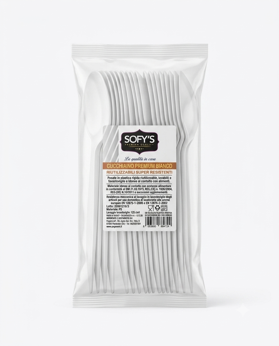 SOFY'S Cucchiaini Premium Bianchi Riutilizzabili 20 pezzi, cucchiaini in plastica rigida lavabili in lavastoviglie, resistenti e pratici, ideali per dessert, caffè, feste, catering e uso quotidiano.