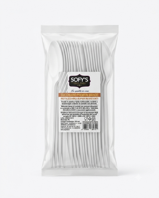 SOFY'S Cucchiaini Premium Bianchi Riutilizzabili 20 pezzi, cucchiaini in plastica rigida lavabili in lavastoviglie, resistenti e pratici, ideali per dessert, caffè, feste, catering e uso quotidiano.