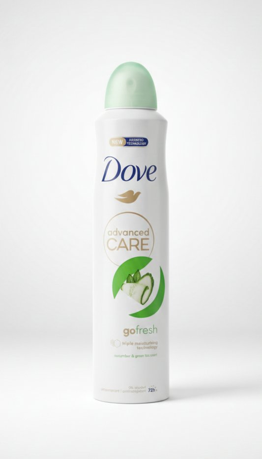 Dove Advanced Care Go Fresh deodorante spray antitraspirante 250 ml, fragranza fresca al cetriolo e tè verde, protezione contro sudore e cattivi odori fino a 72 ore, formula 0% alcool con tecnologia Triple Moisturising per ascelle morbide e idratate