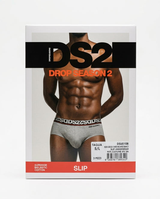 DS2 Drop Season 2 Slip Uomo 3 Pezzi in Cotone Bi-Elastico 95% Cotone 5% Elastan | Elasto-Banda Logata | Bianco, Nero e Grigio | Taglie S-XXL