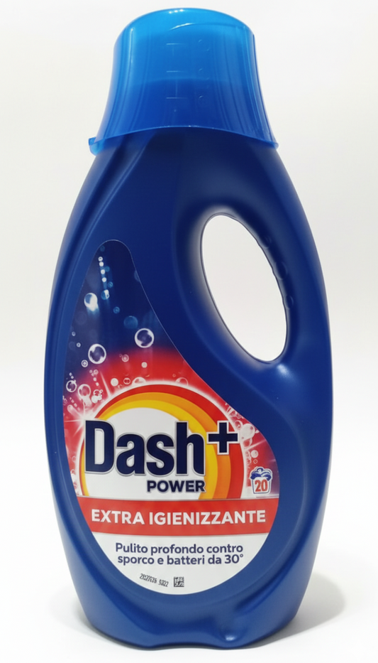 Dash + Power Detersivo Liquido Extra Igienizzante 900ml | 20 Lavaggi | Pulito Profondo contro Sporco e Batteri già a 30° | Efficacia Potenziata per Capi Sicuri e Freschi