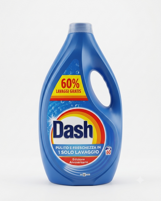 Dash Detersivo Lavatrice Liquido Edizione Anniversario 60 Lavaggi 2700 ml, detergente bucato liquido per un pulito profondo e una freschezza intensa in un solo lavaggio, efficace contro lo sporco quotidiano e ideale per tutta la famiglia.