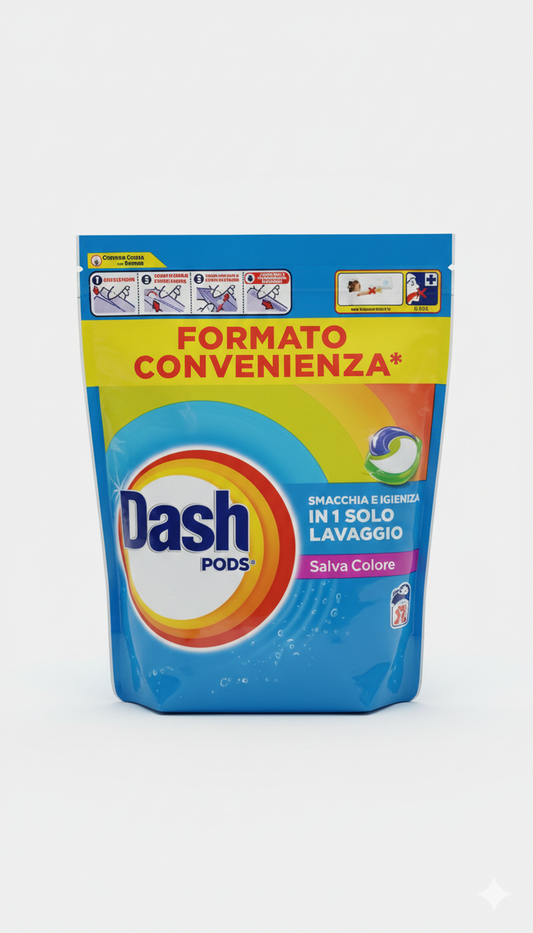 Dash PODS Salva Colore 50 lavaggi capsule detersivo lavatrice protegge colori ed efficace a freddo 20°C.