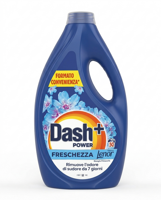 Dash Power Detersivo Liquido 2,75 L 50 lavaggi, con freschezza Lenor Risveglio Primaverile, rimuove efficacemente le macchie anche a basse temperature, protegge i tessuti e lascia il bucato pulito e profumato a lungo.