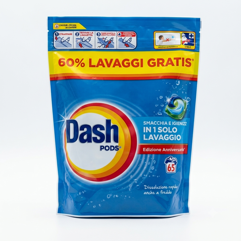 Dash PODS® Detersivo Lavatrice 65 lavaggi, edizione anniversario, capsule monodose per il bucato con azione smacchiante e igienizzante, ideali per una pulizia efficace dei capi.