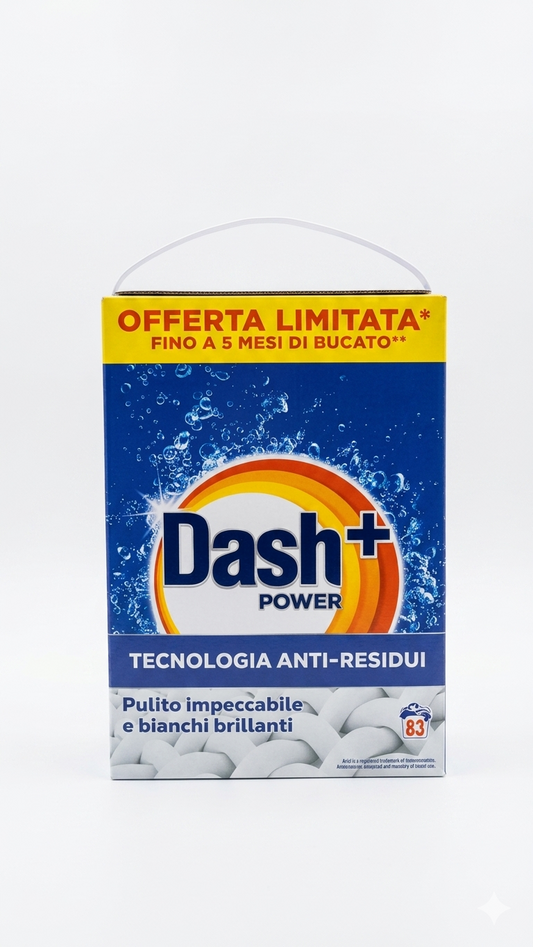 Dash Power Detersivo Lavatrice in Polvere formato scorta da 83 misurini, ideale per un pulito impeccabile e bianchi brillanti, con tecnologia anti-residui efficace anche a basse temperature e nei cicli brevi, aiuta a rimuovere lo sporco ostinato lasciando i capi puliti, freschi e luminosi.