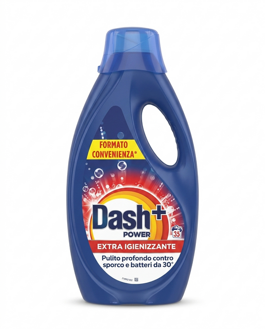 Dash Power+ Extra Igienizzante Detersivo Liquido 1575 ml, detergente per lavatrice da 35 lavaggi con azione igienizzante e pulito profondo, efficace a partire da 30°C.