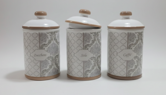 REGAL Set 3 Barattoli in Porcellana Decorata Sale Zucchero Caffè | Design Shabby Chic Damascato | Contenitori Ermetici di Pregio