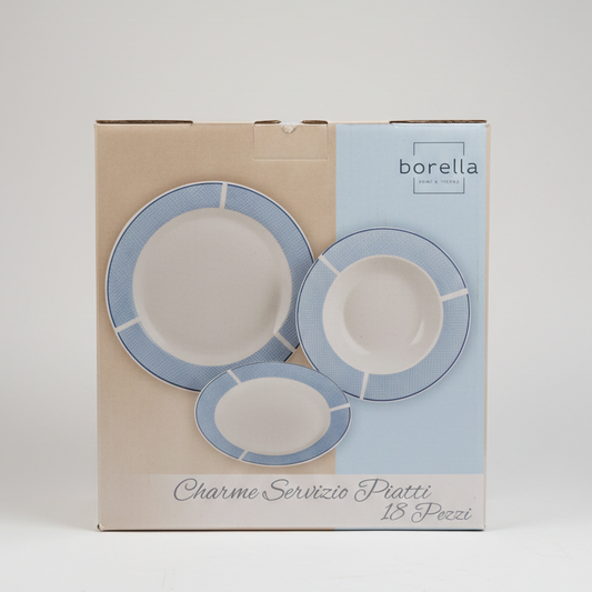 Borella CHARME Servizio Piatti 18 Pezzi in Porcellana Blu | Set Tavola per 6 Persone | Design Moderno con Bordo Intrecciato