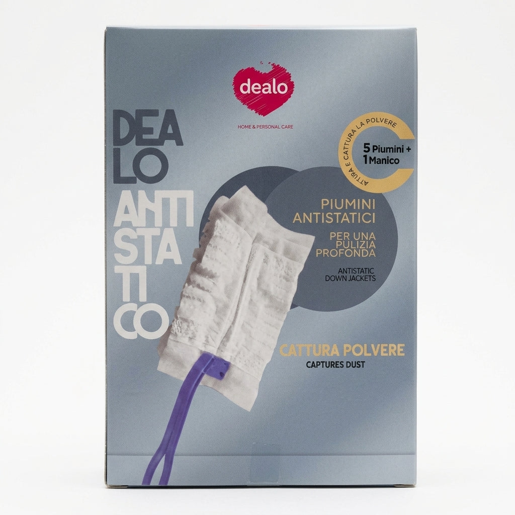 Dealo Kit Piumini Antistatici Cattura Polvere 5 Ricambi Poliestere e Manico Ergonomico – Spolvero Elettrostatico Delicato Senza Risciacquo