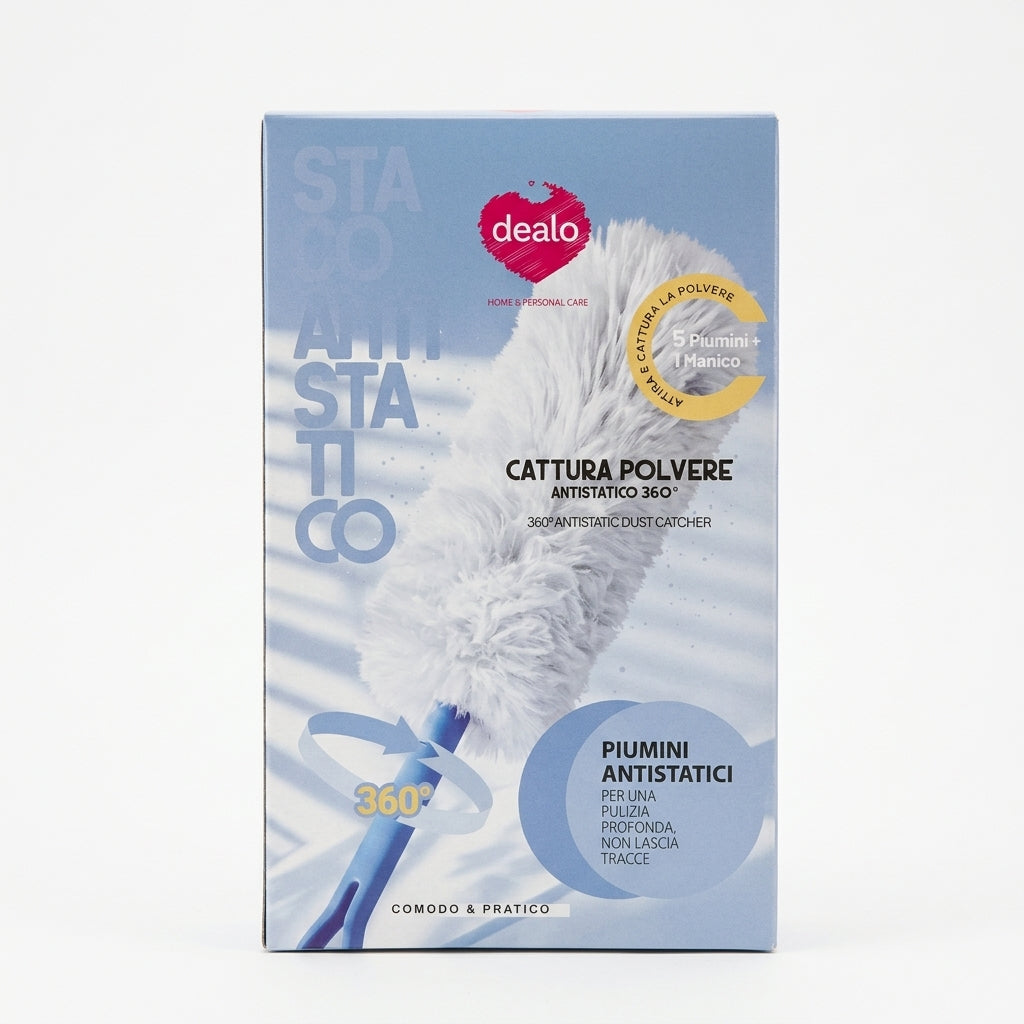 Dealo Kit Piumini Catturapolvere Antistatici 360° 5 Ricambi e Manico Ergonomico – Fibre Elettrostatiche Spolvero Tridimensionale
