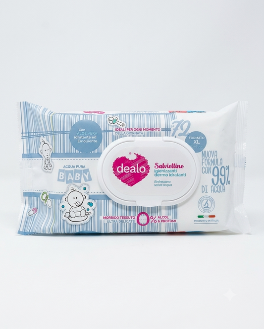 Salviettine imbevute Dealo acqua pura per bambini 72 pezzi, ultra delicate e adatte alla pulizia quotidiana della pelle sensibile.