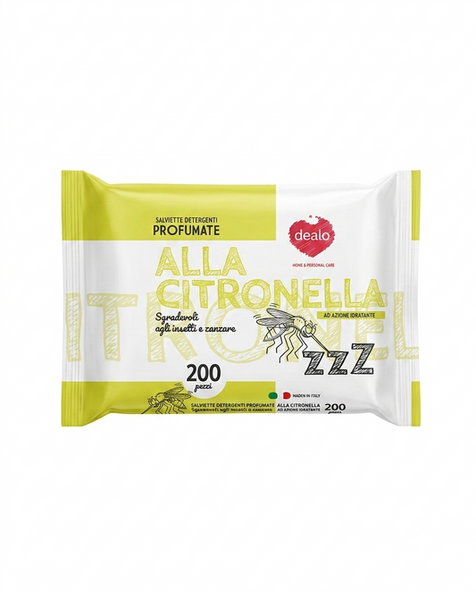 Salviette Dealo alla citronella 20 pezzi con olio essenziale, effetto rinfrescante e idratante, ideali contro zanzare e insetti.
