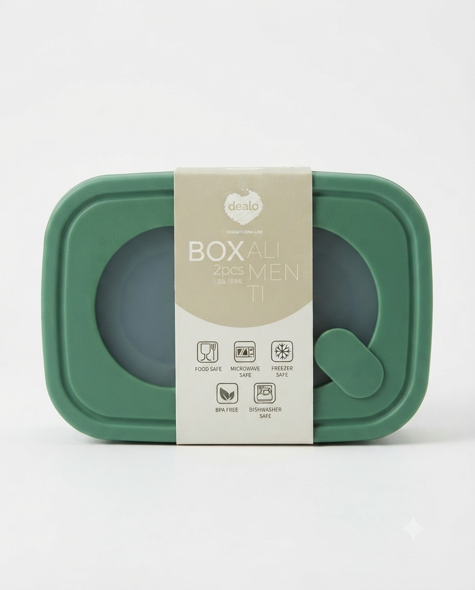 Set 2 contenitori alimenti Dealo con coperchio ermetico da 1,35 L e 0,64 L, BPA free per conservazione sicura degli alimenti.