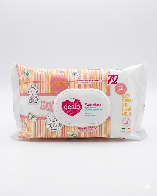 Dealo Baby XL salviettine umidificate al Burro di Karité, confezione da 72 pezzi per neonati e bambini.