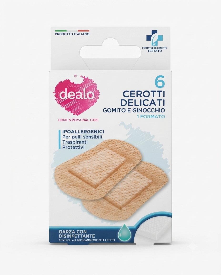 Cerotti delicati Dealo per gomito e ginocchio 6 pezzi, sagomati per articolazioni, ipoallergenici e traspiranti in tessuto non tessuto.