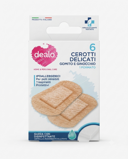 Cerotti delicati Dealo per gomito e ginocchio 6 pezzi, sagomati per articolazioni, ipoallergenici e traspiranti in tessuto non tessuto.