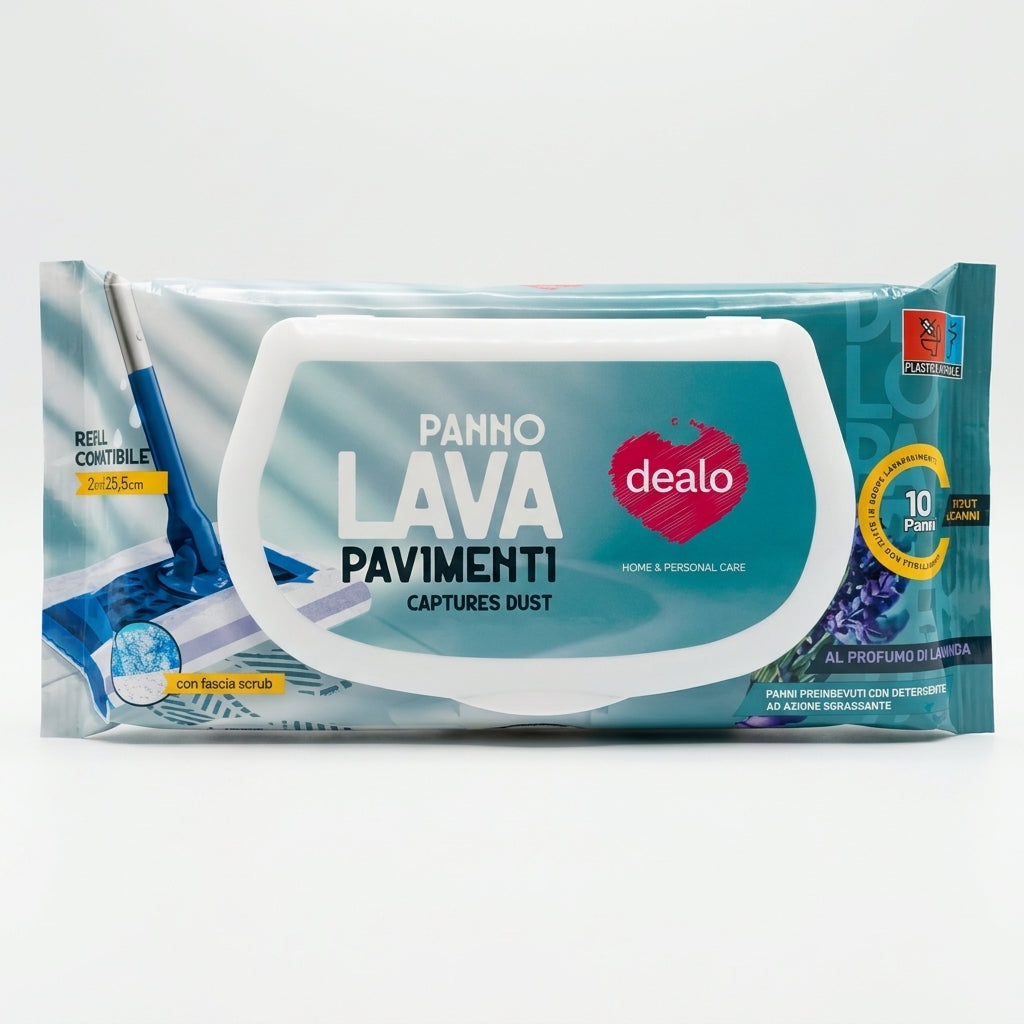Dealo Panno Lava Pavimenti Captures Dust 20x25,5 cm Refill Compatibile Fascia Scrub Lavanda (10 Panni) – Igiene Senza Risciacquo