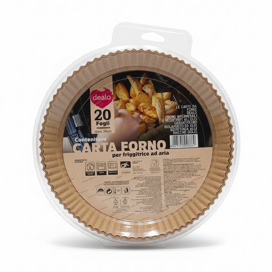 Dealo Cestelli in Carta da Forno per Friggitrice ad Aria | Ø 20 cm | Confezione da 20 Pezzi | Forma Rotonda con Bordi Rialzati | Antiaderente e Oleorepellente | Protezione Cestello