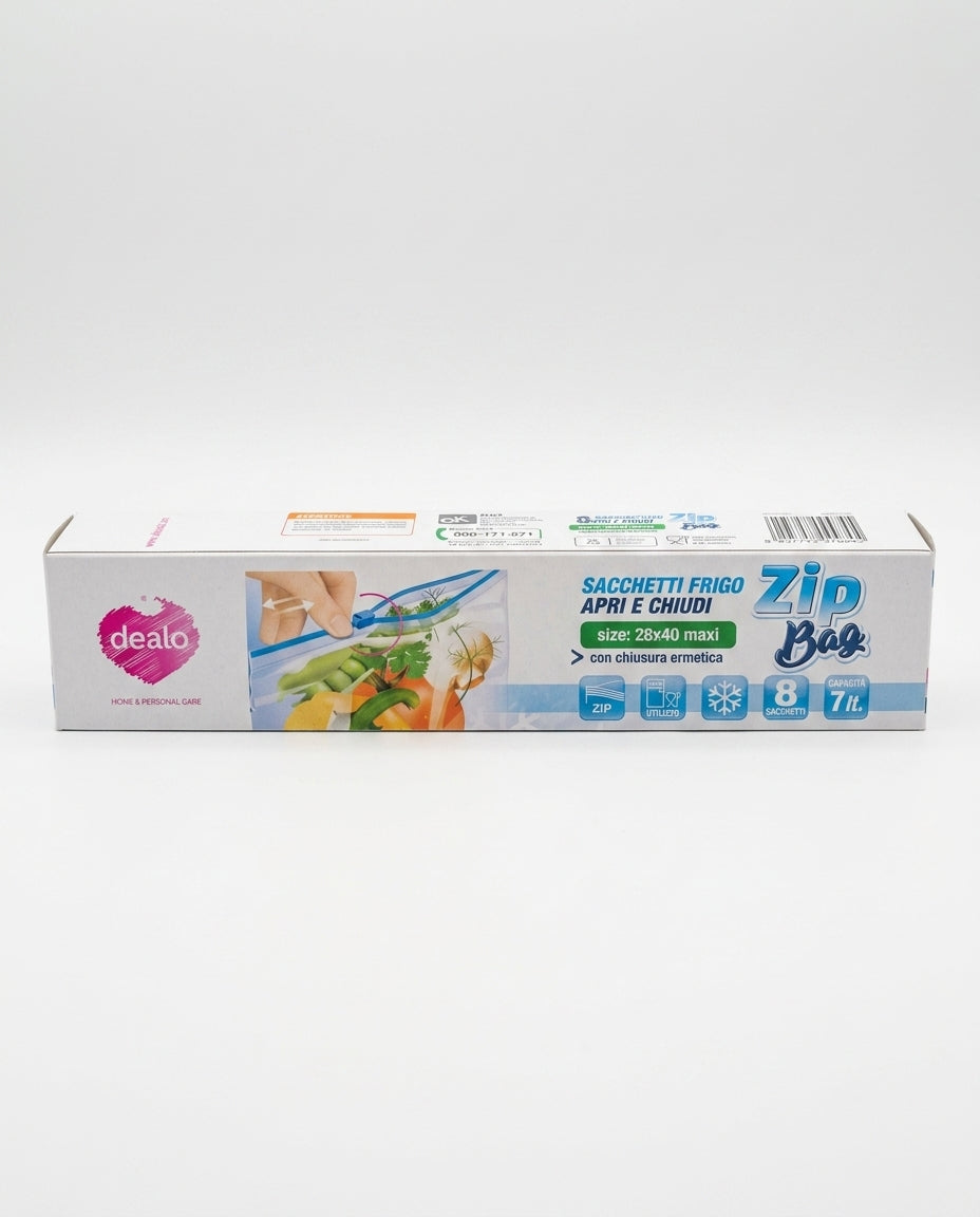 Dealo Zip Bag Sacchetti Frigo Maxi Apri e Chiudi 7 L, formato 28x40 cm, confezione da 8 pezzi con chiusura zip ermetica riutilizzabile, super resistenti e ideali per conservare alimenti.