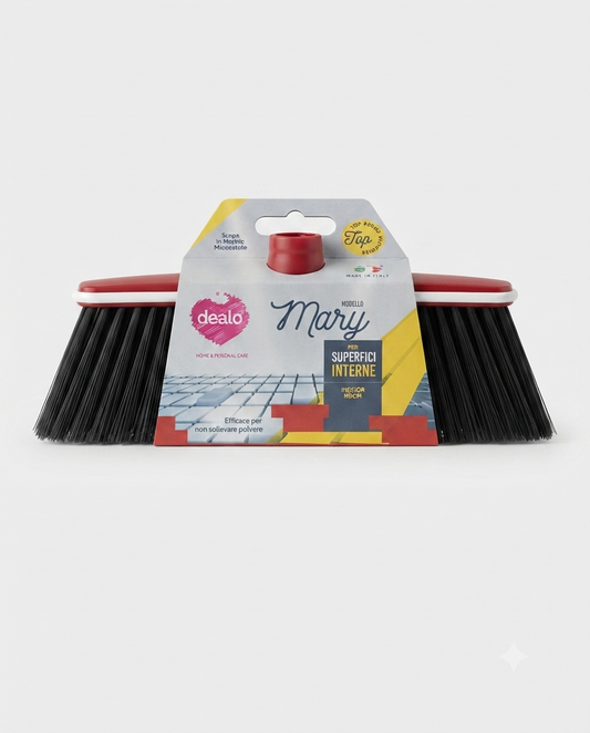 Scopa Dealo Mary per interni con microsetole antipolvere ad alta densità, bordo paracolpi in gomma e attacco universale Made in Italy.