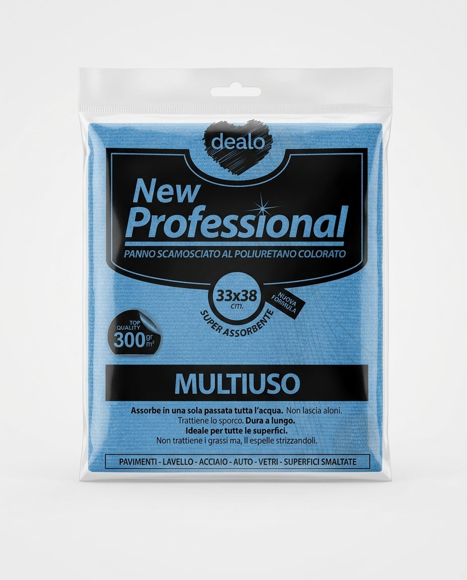 Dealo Panno Scamosciato New Professional 33x38 cm in poliuretano super assorbente, con azione anti-grasso, ideale per vetri, auto e superfici in acciaio.