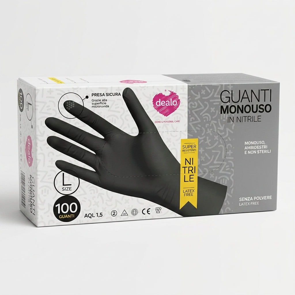 Dealo Guanti Monouso in Nitrile Neri M-L-XL | 100 Pezzi | Senza Lattice e Polvere | DPI Cat. III e Dispositivo Medico Classe I