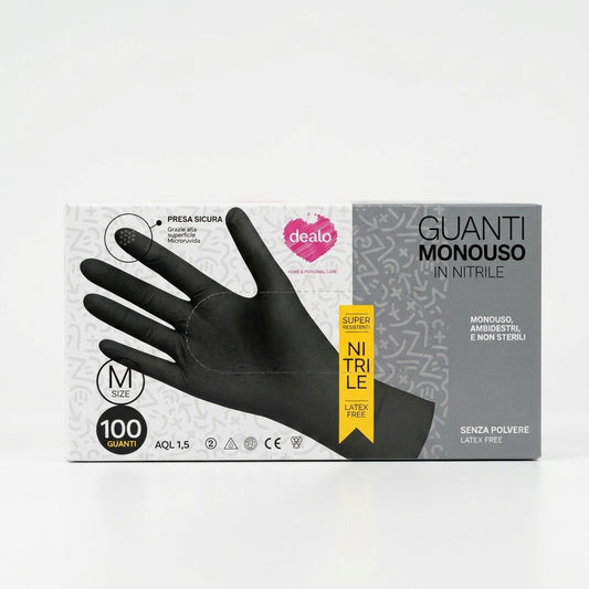 Dealo Guanti Monouso in Nitrile Neri M-L-XL | 100 Pezzi | Senza Lattice e Polvere | DPI Cat. III e Dispositivo Medico Classe I