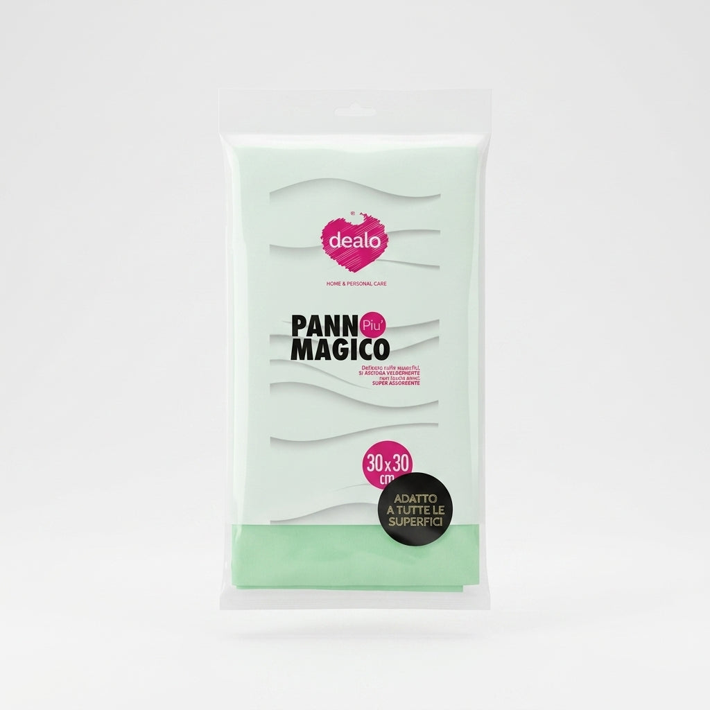 Dealo Panno Più Magico 30x30 cm, panno high-tech super assorbente anti-alone e anti-pelucchi, ideale per vetri, acciaio inox, schermi e superfici delicate.