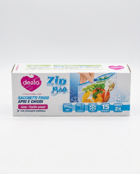 Dealo Zip Bag Sacchetti Frigo Small Apri e Chiudi 2 L, formato 15x20 cm, confezione da 15 pezzi con chiusura zip ermetica riutilizzabile, super resistenti e ideali per conservare alimenti.
