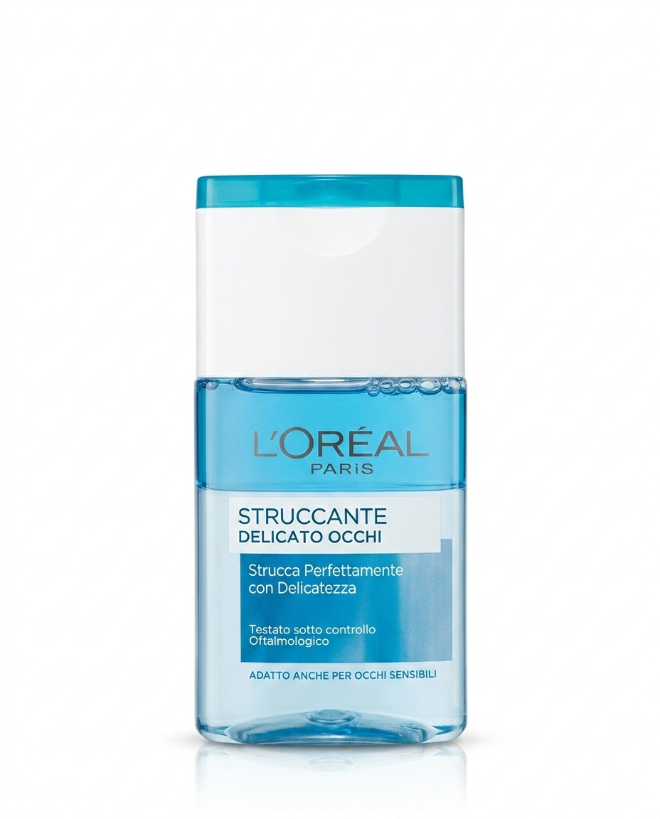 L'Oréal Struccante Delicato Occhi 125 ml, formula lenitiva testata oftalmologicamente, ideale per occhi sensibili e portatori di lenti a contatto.