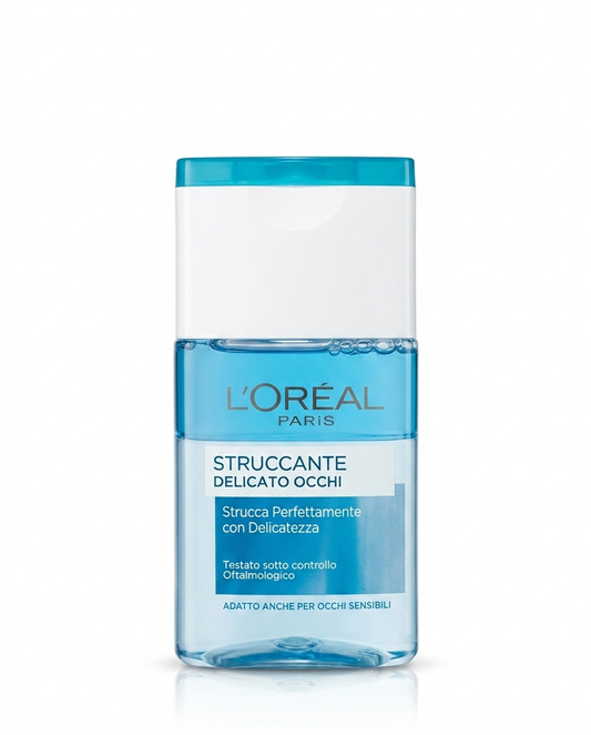 L'Oréal Struccante Delicato Occhi 125 ml, formula lenitiva testata oftalmologicamente, ideale per occhi sensibili e portatori di lenti a contatto.