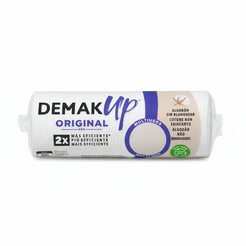 DEMAK’UP Original Dischetti Struccanti 60 Pezzi – 100% Cotone Non Sbiancato – Multi-Uso, 2X Più Efficiente – Tecnologia a Nido d'Ape