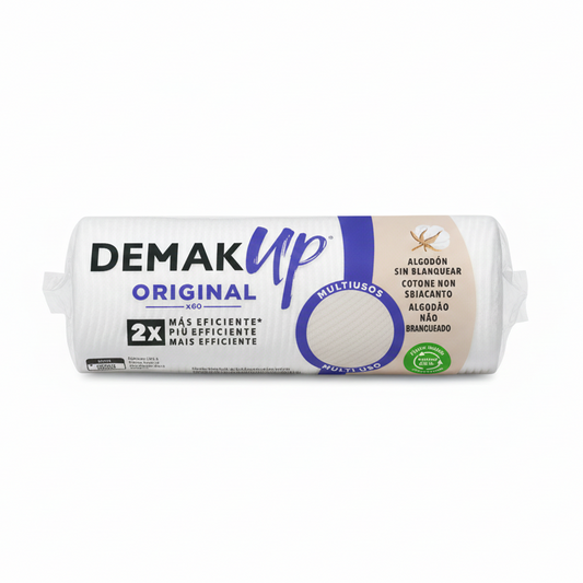 DEMAK’UP Original Dischetti Struccanti 60 Pezzi – 100% Cotone Non Sbiancato – Multi-Uso, 2X Più Efficiente – Tecnologia a Nido d'Ape